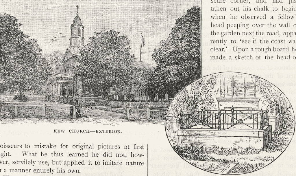 KEW. Kew Church-Exterior; Gainsborough's tomb 1888 old antique print picture